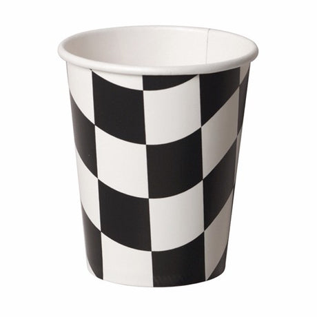 Stylish black and white checkered disposable cups for hot or cold beverages, perfect for parties and gatherings. Pack of 8.