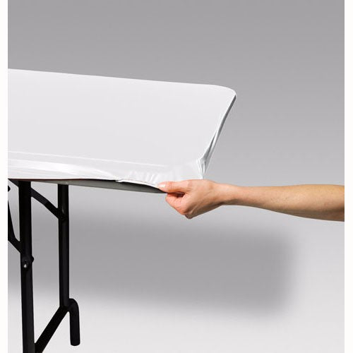 Durable white plastic table cover (73cm x 180cm) with stayput design for secure, elegant protection at any event.