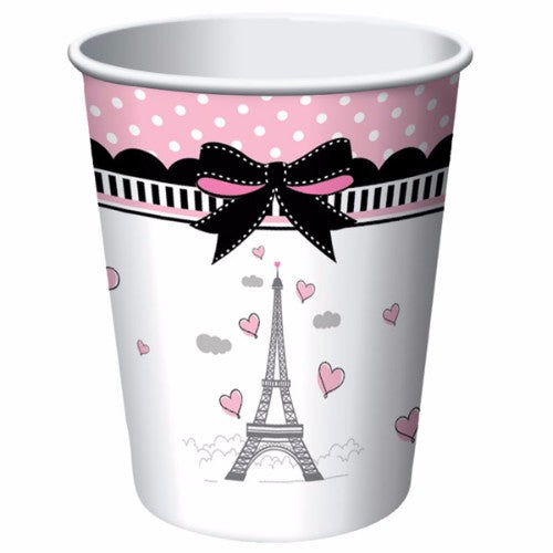 Elegant pack of 8 Paris-themed paper cups for hot and cold drinks, perfect for stylish celebrations and easy clean-up.