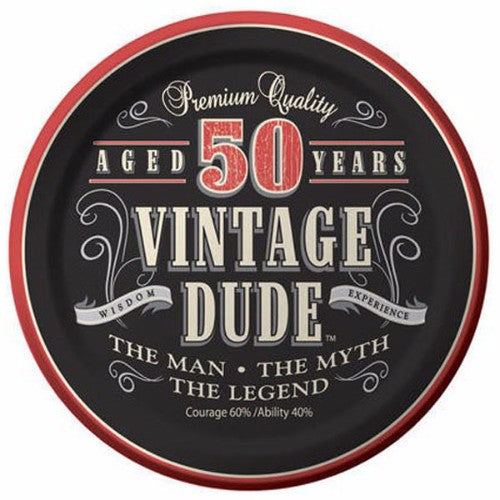 Vintage Dude 50th birthday luncheon plates, pack of 8, stylishly designed for snacks and cake at celebrations.