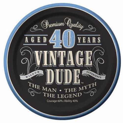 Vintage Dude 40th Birthday Luncheon Plates in retro design, 18cm, pack of 8, perfect for stylish party celebrations.