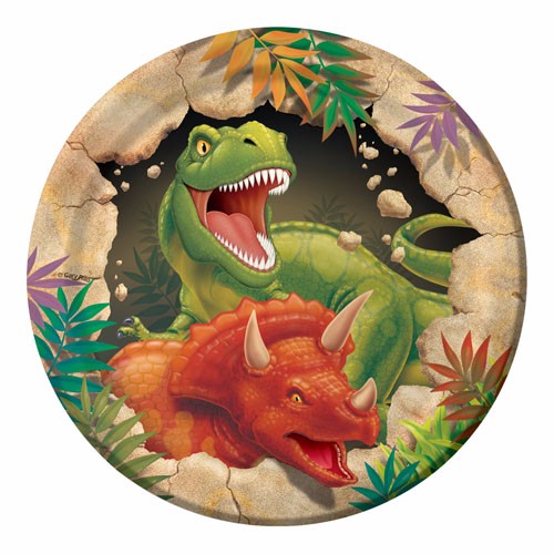 Colorful 18cm dinosaur-themed paper plates, pack of 8, perfect for parties and eco-friendly celebrations.