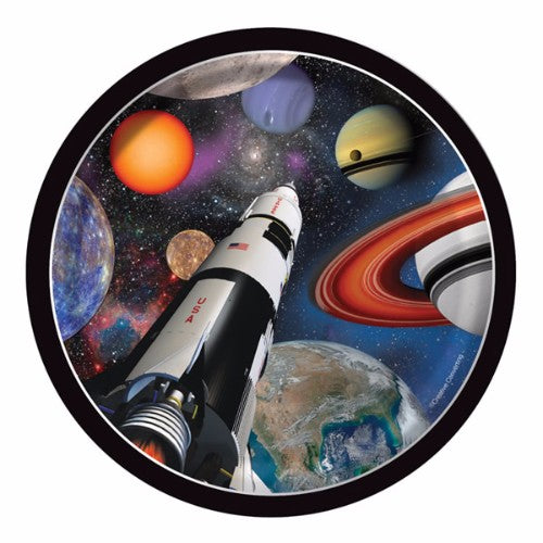Vibrant Space Blast Luncheon Plates featuring rocket ships and planets, perfect for cosmic-themed parties and gatherings. Pack of 8.