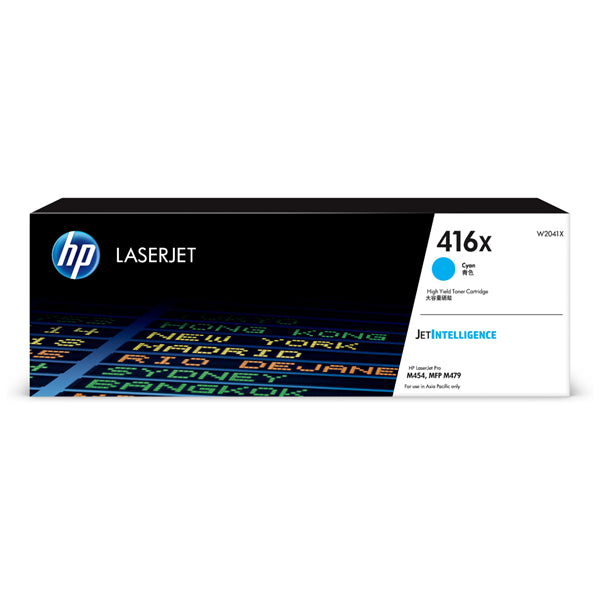 HP 416X Cyan Toner Cartridge for LaserJet M454/M479, yields 6,000 pages, delivers vibrant, professional-quality prints.