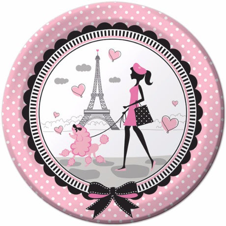 Stylish eco-friendly paper dinner plates featuring Parisian motifs, ideal for themed parties and elegant celebrations.