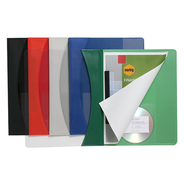 Marbig A4 Premier Flat File in red with clear cover, 2-prong fastener, vertical pocket, CD holder, and business card holder.