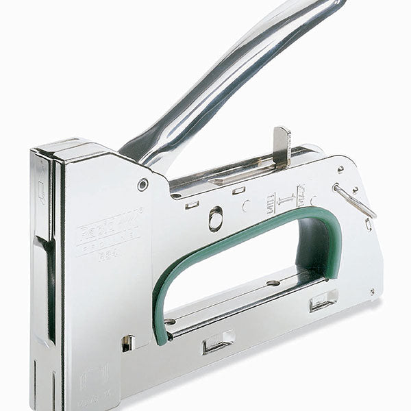 All-steel Rapid Tacker R34e staple gun for heavy-duty fastening, featuring adjustable force, noise damper, and easy staple selection.