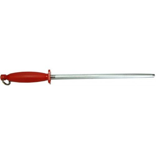 Professional 12" Butchers Steel with red handle, high carbon blade, ergonomic grip, and safety guard for precise knife sharpening.