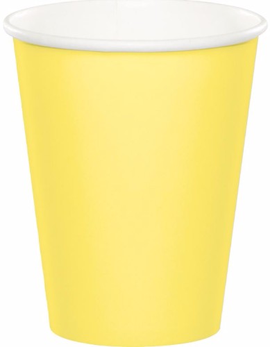 Bright yellow 266ml cups in a pack of 24, perfect for serving hot and cold beverages at parties and picnics.