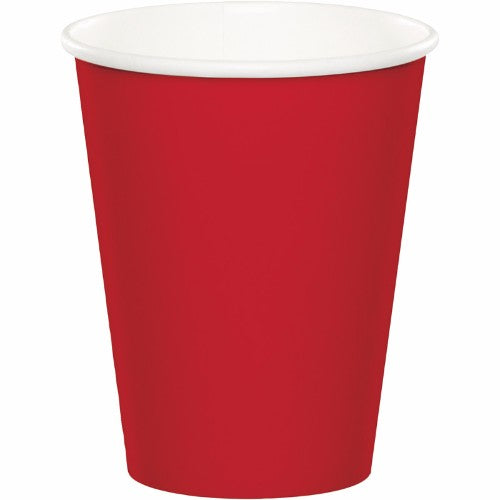 Classic red disposable cups for hot and cold drinks, 266ml, perfect for festive gatherings, parties, and picnics. Pack of 24.