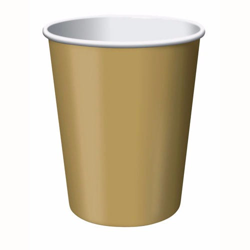 Glittering gold disposable cups, 266ml, ideal for hot and cold drinks; perfect for any elegant party or event. Pack of 24.