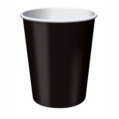 Elegant black paper cups, 266ml capacity, perfect for hot and cold drinks, pack of 24 for events and gatherings.