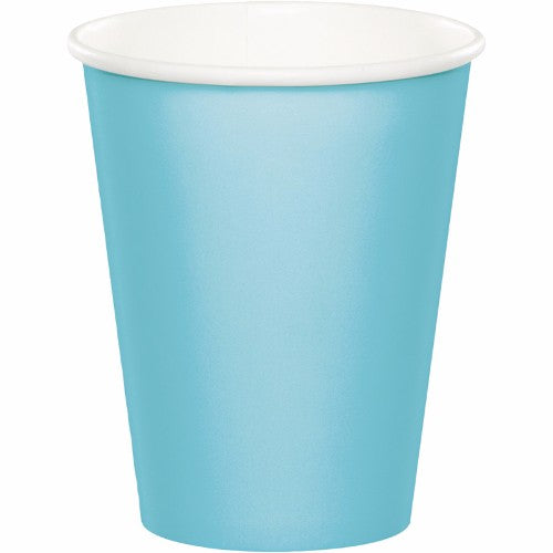 Pastel blue disposable paper cups, 266ml, pack of 24, ideal for hot and cold beverages at events or everyday use.