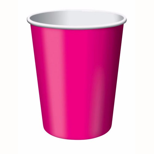 Hot magenta disposable paper cups, 266ml, pack of 24, ideal for hot and cold beverages at parties and gatherings.