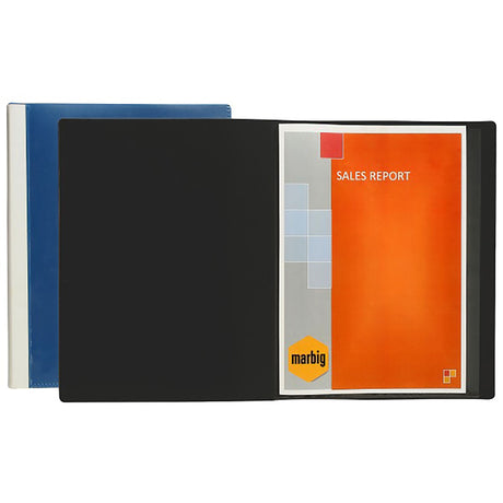 Marbig Display Book in black, featuring 76 clear pockets and 10 tabs for easy document organization and presentation.