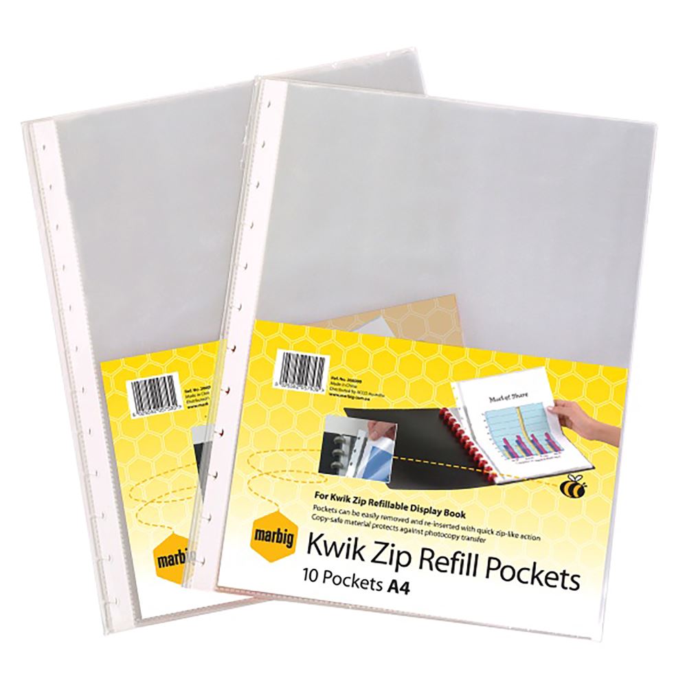 Marbig Kwik Zip A4 refill pockets, pack of 10, designed for organizing and protecting important documents.