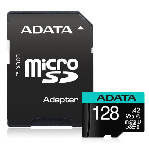 ADATA Premier Pro 128GB microSDXC card with adapter, high-speed performance, waterproof and shockproof for reliable storage.