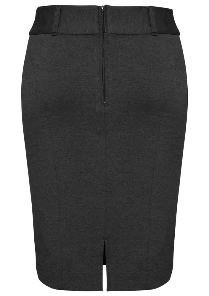 Charcoal ladies skirt with rear split, size 14, featuring stylish curved panels and comfortable stretch knit fabric.