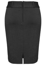 Charcoal ladies skirt with rear split, size 14, featuring stylish curved panels and comfortable stretch knit fabric.