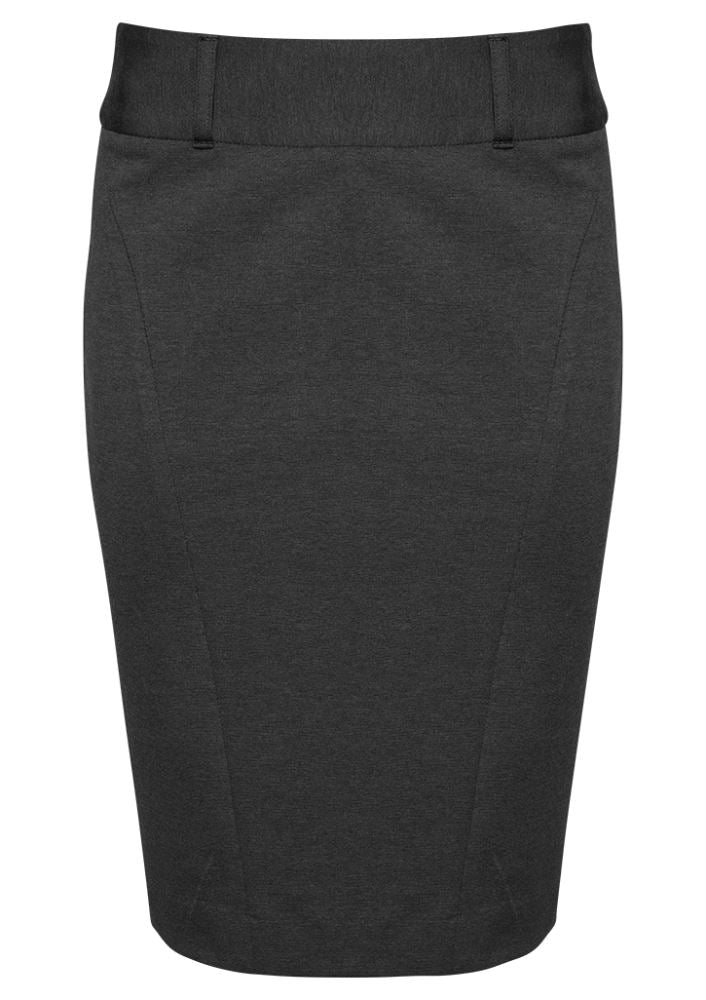 Ladies charcoal skirt with rear split, made from stretch knit fabric, featuring elegant curved panels for comfort and style.