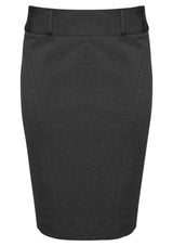 Ladies charcoal skirt with rear split, made from stretch knit fabric, featuring elegant curved panels for comfort and style.