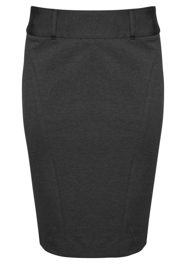 Charcoal ladies skirt with rear split, size 16, featuring curved panels for comfort and stylish versatility from Biz Collection.
