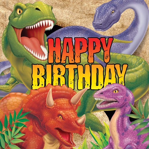 Colorful 3-ply dinosaur-themed lunch napkins for kids' birthday parties, measuring 33cm x 33cm, pack of 16.