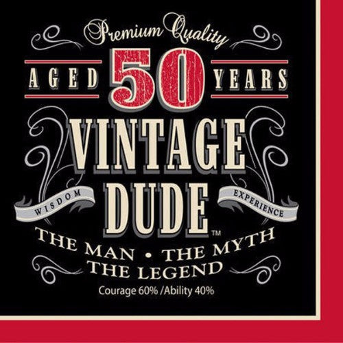 Vintage Dude 50th Birthday Luncheon Napkins featuring a playful retro design, perfect for milestone celebrations. Pack of 16.