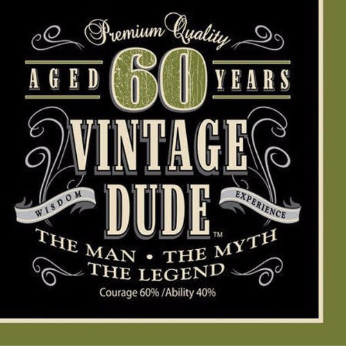 Vintage Dude 60th Birthday Luncheon Napkins, pack of 16, vintage design, 3-ply, 33cm, perfect for celebrations.