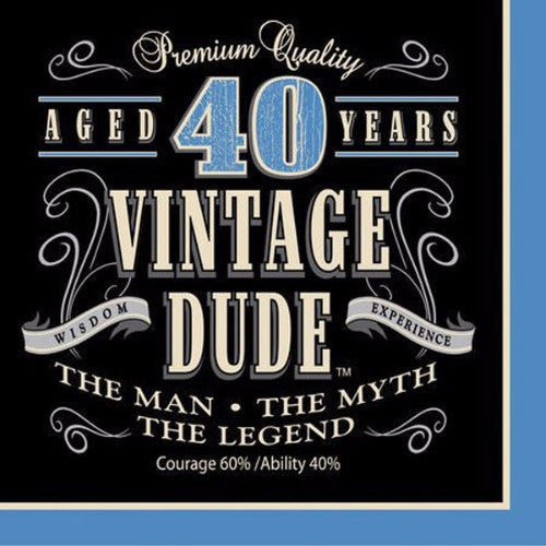 Vintage Dude 40th birthday luncheon napkins, pack of 16, featuring a humorous vintage design, perfect for party décor.