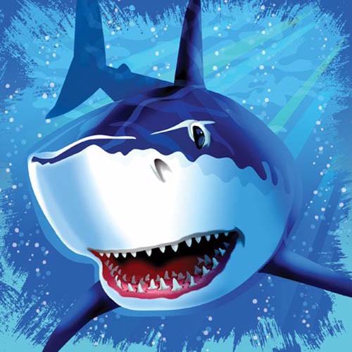 Shark Splash Lunch Napkins featuring playful shark designs, perfect for beach-themed parties and kids' celebrations. Pack of 16.