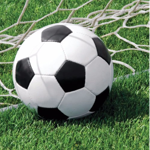 Soccer-themed luncheon napkins in vibrant design, perfect for game day parties; pack of 18, 2-ply, durable and festive.