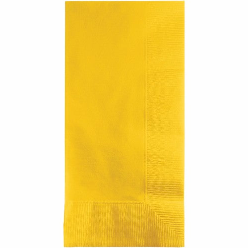 Bright school bus yellow dinner napkins, 40cm x 40cm, 2-ply, pack of 50, perfect for parties and everyday use.