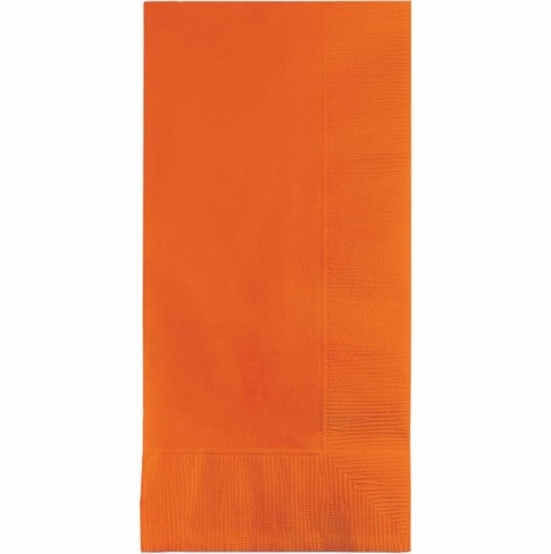 Pack of 50 vibrant orange dinner napkins, 40cm x 40cm, 2-ply softness, perfect for elegant and casual dining occasions.