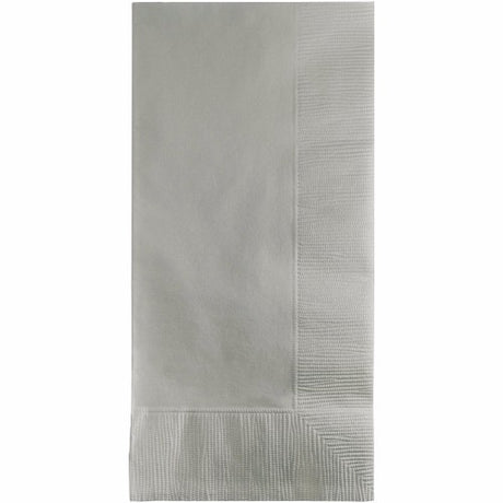 Shimmering silver 2-ply dinner napkins, 40cm x 40cm, pack of 50, ideal for elegant dining and special events.