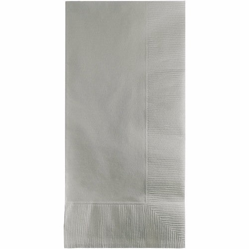 Shimmering silver 2-ply dinner napkins, 40cm x 40cm, pack of 50, ideal for elegant dining and special events.