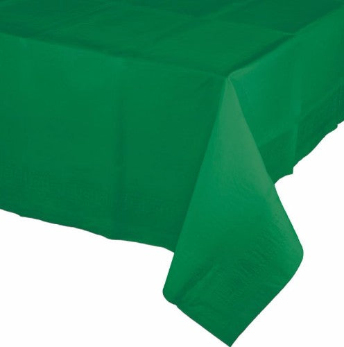 Elegant emerald green tablecover designed for versatile use, combining soft tissue and waterproof plastic for easy cleanup.