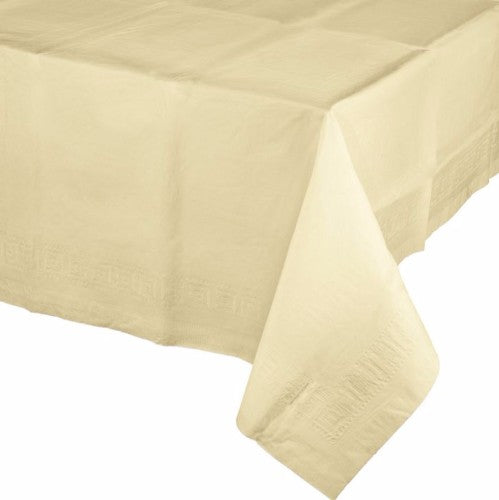 Ivory tablecover measuring 137cm x 274cm, featuring 2-ply tissue for absorbency and waterproof plastic backing for spills.