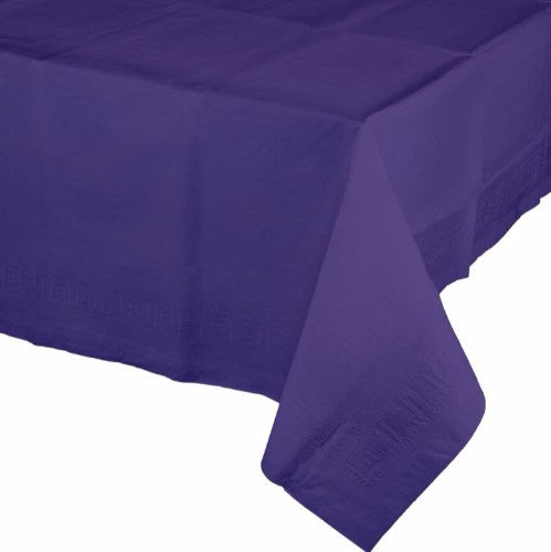 Elegant purple table cover with 2-ply tissue and waterproof backing, perfect for parties and easy cleanup, measuring 137cm x 274cm.