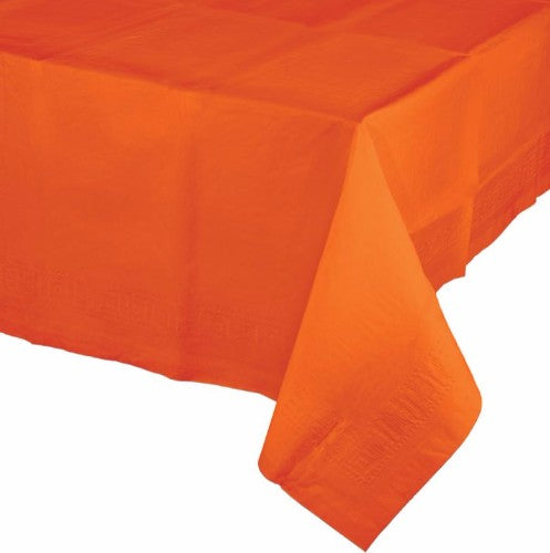 Sunkissed orange tablecover with 2-ply tissue and waterproof plastic back, perfect for vibrant events and easy cleanup.