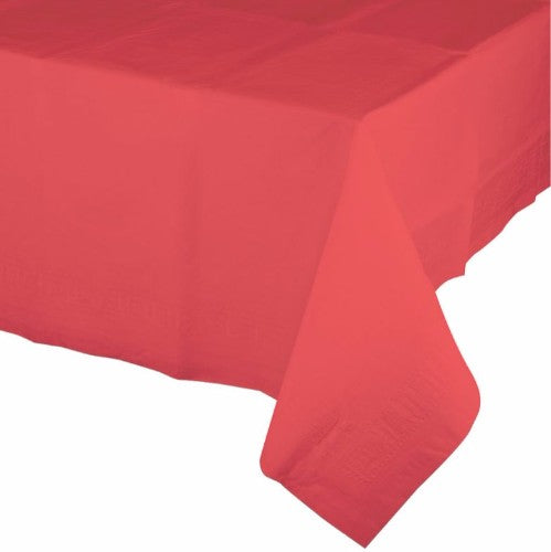 Vibrant coral tablecover with durable plastic backing, perfect for protecting tables at any celebration, 137cm x 274cm.