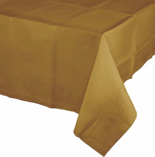 Glittering gold table cover measuring 137cm x 274cm, featuring 2-ply tissue and waterproof plastic backing for elegant party decor.