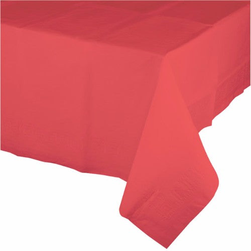 Vibrant coral plastic tablecover measuring 137cm x 274cm, perfect for parties and easy cleanup.