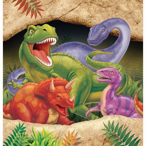 Vibrant plastic tablecover featuring colorful dinosaur designs, perfect for dino-themed parties and easy post-cleanup.