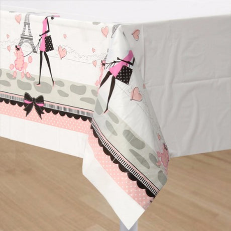 A vibrant plastic tablecover featuring Parisian motifs, ideal for parties and gatherings, measuring 137cm x 259cm.