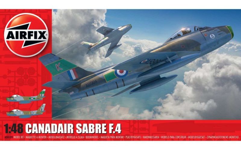 Detailed 1/48 scale model kit of the Canadair Sabre F.4, featuring 148 pieces and two decorative schemes for customization.