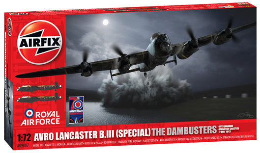 1:72 scale Avro Lancaster B.III model, depicting the Dambusters raid with detailed design and Upkeep bombs for aviation enthusiasts.