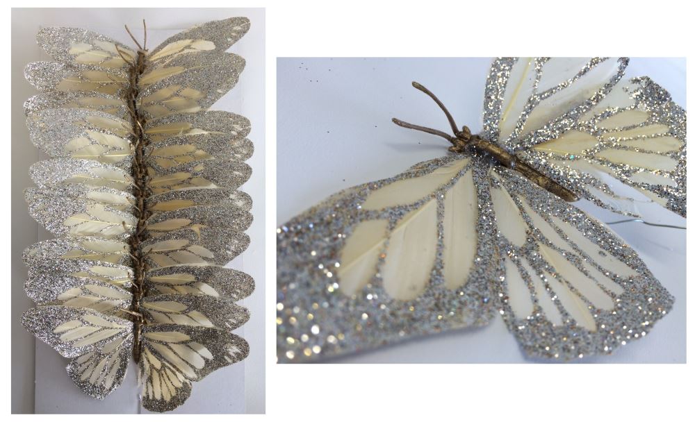 Set of 12 colorful artificial butterflies with glitter, featuring bendable wire for versatile decorating options.