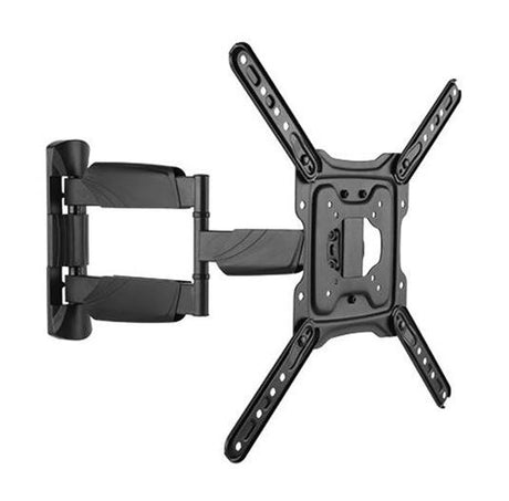 Brateck Full Motion wall mount for 23-55" TVs with 90° swivel, -15° to +5° tilt, and integrated cable management.