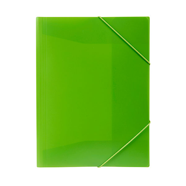 Bright lime Marbig A4 document wallet with elastic straps, expands to 20mm, features 3 flaps for organized storage.